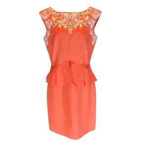 Antonio Melani Coral Orange Embroidered Peplum Sheath Dress 8 Quiet Luxury
